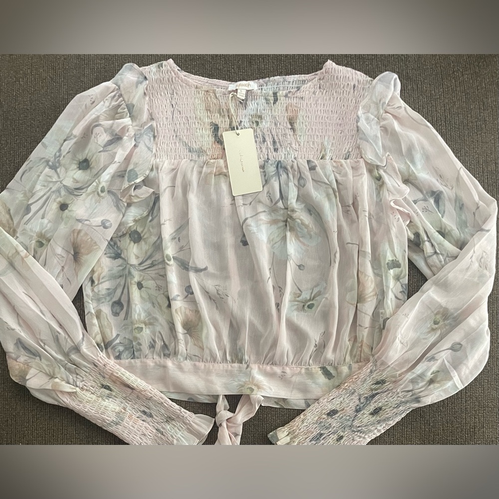 NWT Women’s A. Peach Long Sleeve Semi Sheer Split Tie Back Hem Blouse Size L